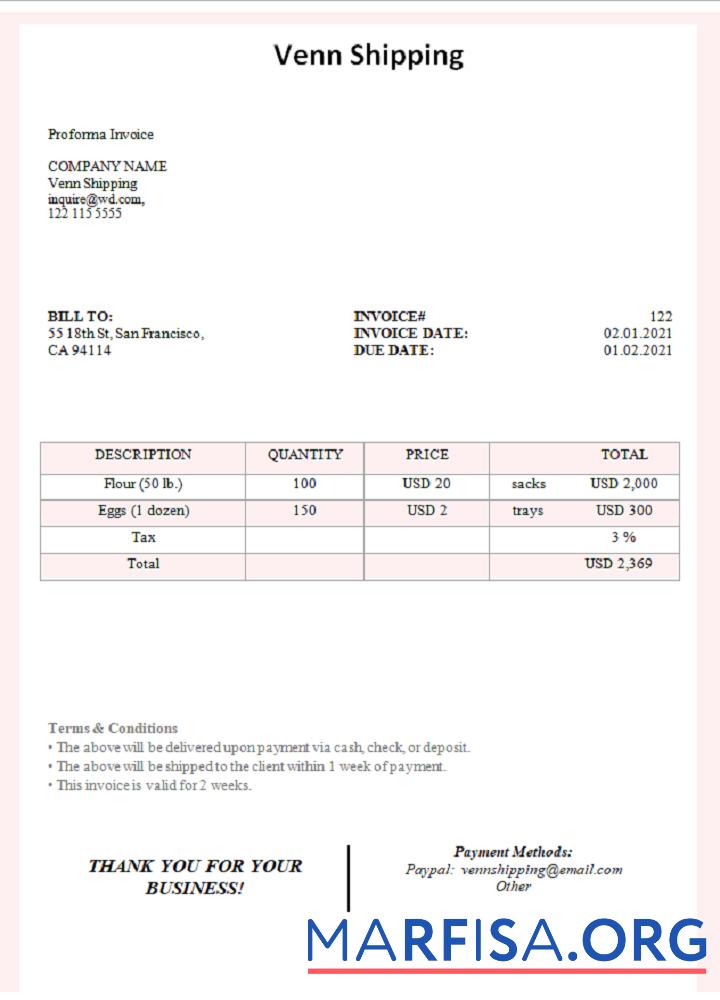 Blank USA Venn Shipping invoice example